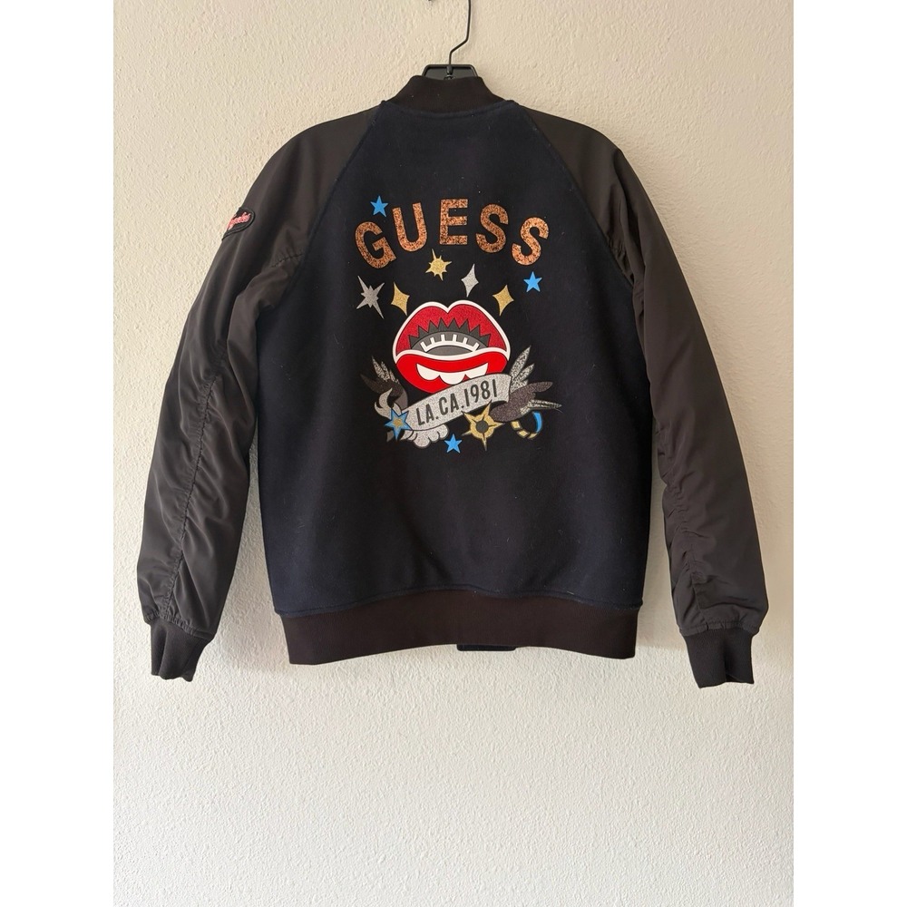 Guess Womens Wool Blend Bomber Jacket Navy Blue Embroidered Logo YG4W6850 XS